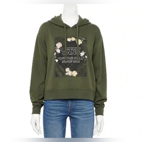 Vans Women’s Olive Green Floral Cropped Long Sleeve Hoodie Pullover Sweater L - Picture 3 of 13